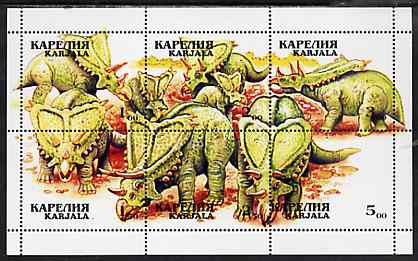 Karjala Republic 1999 Dinosaurs composite perf sheetlet containing 6 values unmounted mint, stamps on dinosaurs