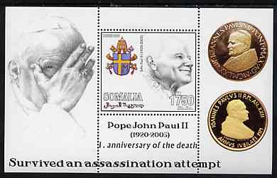 Somalia 2006 Pope John Paul II - First Anniversary of his Death perf s/sheet #8 showing Commemorative coins & Arms - Survived an Assassination Attempt, unmounted mint, stamps on personalities, stamps on pope, stamps on coins, stamps on arms, stamps on heraldry