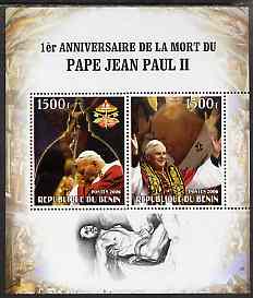Benin 2006 Pope John Paul II - First Anniversary of his Death perf sheetlet containing 2 values, unmounted mint, stamps on personalities, stamps on pope