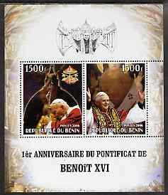 Benin 2006 First Anniversary of Pope Benedict XVI perf sheetlet containing 2 values, unmounted mint, stamps on personalities, stamps on pope