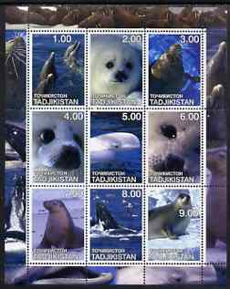 Tadjikistan 2001 Seals perf sheetlet containing set of 9 values unmounted mint, stamps on animals, stamps on seals, stamps on marine life
