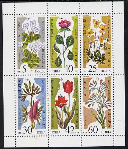 Bulgaria 1989 Flowers sheetlet containing set of 6, SG 3587-92 (Mi 3735-40) unmounted mint, stamps on flowers     tulips, stamps on violas