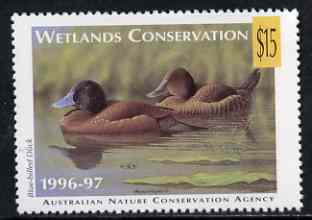 Cinderella - Australian Nature Conservation Agency 1996-97 Wetlands Conservation $15 stamp showing Blue-Billed Duck (value tablet in yellow) unmounted mint, stamps on cinderellas, stamps on birds, stamps on ducks