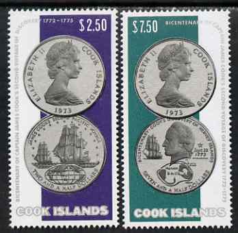 Cook Islands 1974 Bicentenary of Cooks Second Voyage perf set of 2 (coins) SG 492-93 unmounted mint, stamps on cook, stamps on explorers, stamps on coins, stamps on ships