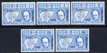 Calf of Man 1968 Europa 1968 opt'd on Churchill perf set of 5 in light blue each additionally overprinted SPECIMEN (as Rosen CA111s-15s) unmounted mint, stamps on , stamps on  stamps on churchill, stamps on  stamps on personalities, stamps on  stamps on maps, stamps on  stamps on europa  