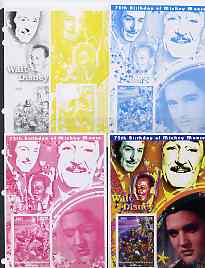 Congo 2001 75th Birthday of Mickey Mouse s/sheet #02 showing Alice in Wonderland with Elvis & Walt Disney in background, the set of 5 imperf progressive proofs comprising..., stamps on disney, stamps on elvis, stamps on music, stamps on films, stamps on cinema