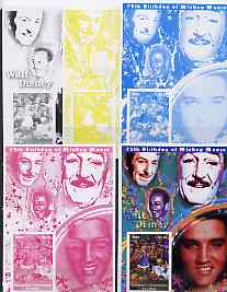 Congo 2001 75th Birthday of Mickey Mouse s/sheet #04 showing Alice in Wonderland with Elvis & Walt Disney in background, the set of 5 imperf progressive proofs comprising..., stamps on disney, stamps on elvis, stamps on music, stamps on films, stamps on cinema