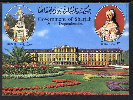 Sharjah 1970 Mozart imperf m/sheet Mi BL 74 unmounted mint, stamps on music, stamps on personalities, stamps on composers, stamps on masonics, stamps on mozart, stamps on personalities, stamps on mozart, stamps on music, stamps on composers, stamps on masonics, stamps on masonry