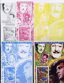 Congo 2001 75th Birthday of Mickey Mouse s/sheet #05 showing Alice in Wonderland with Elvis & Walt Disney in background, the set of 5 imperf progressive proofs comprising..., stamps on disney, stamps on elvis, stamps on music, stamps on films, stamps on cinema