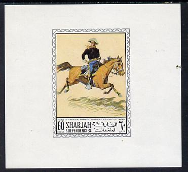 Sharjah 1968 American Artists imperf sheetlet containing 60 Dh value (Frederick Remington) unmounted mint as Mi 452, stamps on arts    horses    cowboys