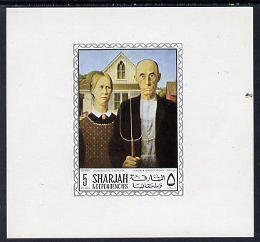 Sharjah 1968 American Artists imperf sheetlet containing 5R value (Grant Wood Gent) unmounted mint as Mi 455, stamps on arts