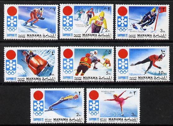 Manama 1971 Sapporo Winter Olympics perf set of 8 unmounted mint, Mi 562-69A*, stamps on sport, stamps on ice hockey, stamps on bobsled, stamps on skiing, stamps on skating, stamps on olympics