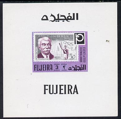 Fujeira 1972 Philympia Stamp Exhibition imperf sheetlet containing 3R value showing Coubertin on Olympic stamp of France as Mi 1460, stamps on olympics, stamps on personalities, stamps on sport, stamps on stamp on stamp, stamps on stamp exhibitions, stamps on stamponstamp