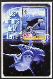 Central African Republic 2005 Young Animals of the World #6 (Whales & Dolphins) perf souvenir sheet containing 1 value with Scout logo, fine cto used, stamps on animals, stamps on scouts, stamps on whales, stamps on dolphins, stamps on mammals
