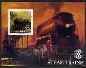 Eritrea 2002 Steam Locos #01 perf m/sheet with Rotary Logo fine cto used, stamps on railways, stamps on rotary