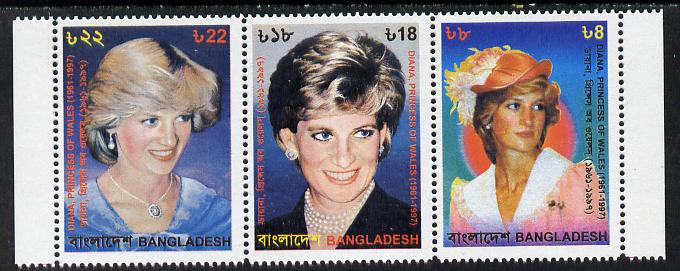 Bangladesh 1998 Princess Diana Commemoration unmounted mint strip of 3, stamps on royalty      diana