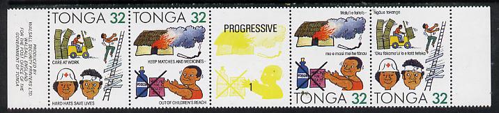 Tonga 1991 Accident Prevention 32s se-tenant bi-lingual strip of 4 incl corrected inscription unmounted mint, SG 1117a & 1119b, stamps on accident, stamps on environment, stamps on medical, stamps on transport, stamps on fire