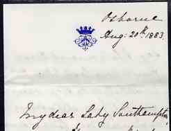 Great Britain 1883 Handwritten letter from PRINCESS BEATRICE on monogrammed note-paper sent from Osborne House with matching envelope (damaged where stamp has been torn a..., stamps on royalty