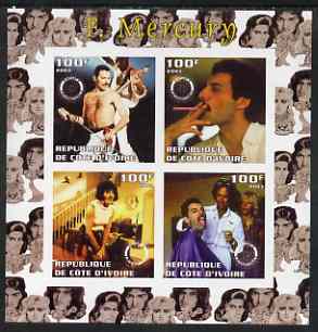 Ivory Coast 2003 Freddie Mercury (Queen pop group) imperf sheetlet containing set of 4 values each with Rotary International Logo unmounted mint, stamps on personalities, stamps on entertainments, stamps on music, stamps on pops, stamps on rotary