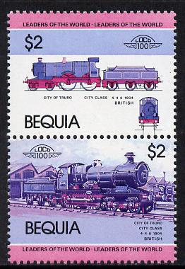 St Vincent - Bequia 1984 Locomotives #1 (Leaders of the World) $2 (City of Truro) unmounted mint se-tenant pair with yellow omitted, stamps on , stamps on  stamps on railways