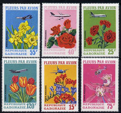 Gabon 1971 Flowers by Air perf set of 6 unmounted mint, SG 410-15, stamps on aviation, stamps on flowers, stamps on tulips, stamps on roses, stamps on orchids, stamps on helicopters