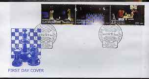 Kyrgyzstan 2000 Immopar Chess Trophy #5 perf strip of 3 on illustrated cover with special Chess cancellation, stamps on chess, stamps on 