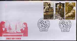 Kyrgyzstan 2000 Karpov & Kasparov (Chess) #2 perf strip of 3 on illustrated cover with special Chess cancellation, stamps on chess, stamps on personalities, stamps on snooker, stamps on bicycles