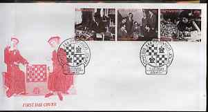 Kyrgyzstan 2000 History of Chess #1 perf strip of 3 on illustrated cover with special Chess cancellation, stamps on chess, stamps on 