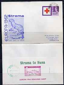 Stroma 1963 Europa imperf m/sheet (2s6d fish) on cover to London correctly cancelled in Stroma and carried to Huna, with Great Britain Red Cross 3d stamp cancelled Huna for normal UK delivery. Note: I have several of these covers so the one you receive may be slightly different to the one illustrated, stamps on fish, stamps on europa