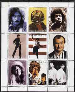 Kalmikia Republic 1999 Pop Stars perf sheetlet containing 9 values unmounted mint (Clapton, Stevie Wonder, Hendrix, Springsteen, Suzi Quatro, Phil Collins, Janis Joplin, Dylan, Mick Jagger & Keith Richards), stamps on personalities, stamps on entertainments, stamps on pops, stamps on musuc, stamps on 