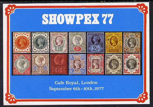 Exhibition souvenir sheet for 1977 Showpex showing Great Britain QV Jubilee set of 14 unmounted mint, stamps on postal     royalty     stamp on stamp      cinderella     silver jubilee, stamps on stamponstamp
