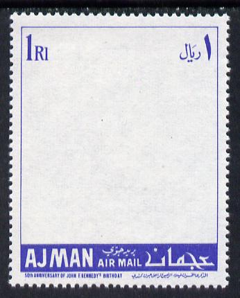 Ajman 1967 Kennedy 50th Anniversary perf proof of 1R frame only in blue, minor wrinkles but exceptionally scarce, unmounted mint as Mi 145*, stamps on kennedy  personalities