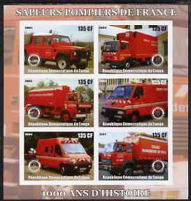 Congo 2003 Fire Services 1,000 Years imperf sheetlet containing 6 x 135 cf values each with Rotary Logo, unmounted mint, stamps on rotary, stamps on fire, stamps on trucks, stamps on land rovers