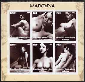 Congo 2003 Madonna (Nude) imperf sheetlet containing 6 x 175 cf values, unmounted mint, stamps on nudes, stamps on women, stamps on music, stamps on films