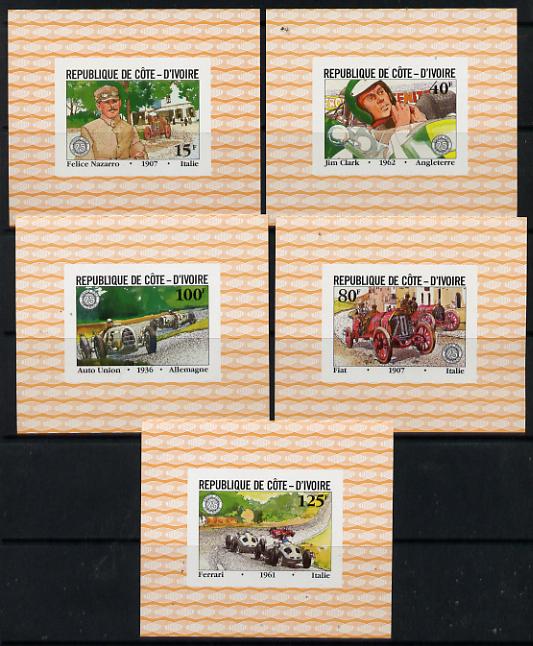 Ivory Coast 1981 French Grand Prix set of 5 unmounted mint deluxe miniature sheets, stamps on cars    racing cars     sport    auto union    fiat     ferrari      jim clark    nazarro