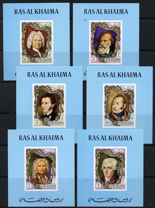 Ras Al Khaima 1971 Composers unmounted mint set of 6 deluxe imperforate miniature sheets (as Mi 586-91), stamps on music, stamps on composers, stamps on vivaldi, stamps on brahms, stamps on bach, stamps on hayden, stamps on rossini, stamps on chopin