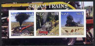 Eritrea 2002 Steam Locos #04 imperf sheetlet containing set of 3 values each with Rotary Logo unmounted mint, stamps on railways, stamps on rotary