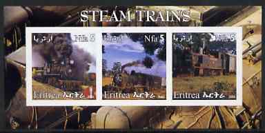 Eritrea 2002 Steam Locos #06 imperf sheetlet containing set of 3 values each with Rotary Logo unmounted mint, stamps on railways, stamps on rotary