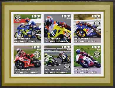 Ivory Coast 2002 Racing Motorcycles #2 imperf sheetlet containing set of 6 values (top middle No. 6) each with Rotary logo, unmounted mint, stamps on motorbikes, stamps on rotary