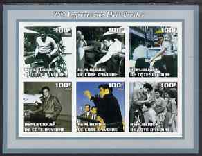 Ivory Coast 2002 Elvis Presley 25th Death Anniversary #2 imperf sheetlet containing 6 values unmounted mint, stamps on elvis, stamps on music, stamps on entertainments, stamps on films, stamps on motorbikes