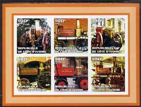 Ivory Coast 2002 Old Fire Engines #2 imperf sheetlet containing set of 6 values (lower right Gosforth) unmounted mint, stamps on fire
