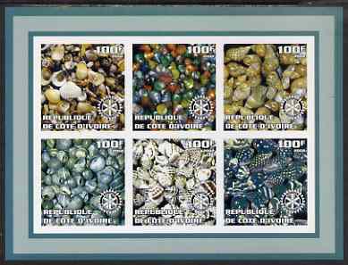 Ivory Coast 2002 Sea Shells #1 imperf sheetlet containing set of 6 values (green border) each with Rotary logo, unmounted mint, stamps on shells, stamps on marine life, stamps on rotary
