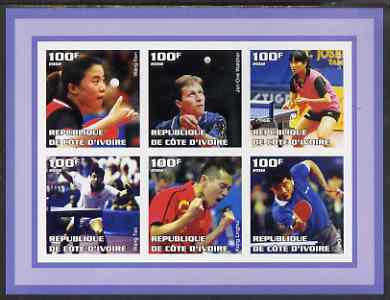 Ivory Coast 2002 Table Tennis imperf sheetlet containing set of 6 values unmounted mint, stamps on table tennis, stamps on sport