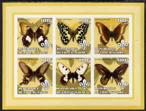 Ivory Coast 2002 Butterflies #1 (yellow border) imperf sheetlet containing 6 values each with Scout logo unmounted mint, stamps on butterflies, stamps on scouts