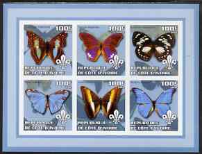 Ivory Coast 2002 Butterflies #2 (blue border) imperf sheetlet containing 6 values each with Scout logo unmounted mint, stamps on butterflies, stamps on scouts