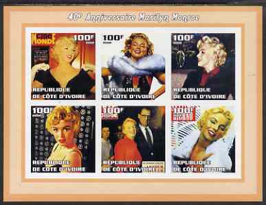 Ivory Coast 2002 Marilyn Monroe 40th Death Anniversary #1 imperf sheetlet containing 6 values unmounted mint, stamps on movies, stamps on films, stamps on cinema, stamps on women, stamps on marilyn monroe, stamps on 