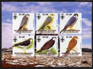 Mauritania 2002 Birds of Prey #2 imperf sheetlet containing 6 values (Falcons & Hawks) each with Scout logo unmounted mint, stamps on birds, stamps on birds of prey, stamps on falcon, stamps on hawk, stamps on scouts
