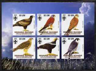 Mauritania 2002 Birds of Prey #4 imperf sheetlet containing 6 values (Eagles, Falcons & Hawks) each with Scout logo unmounted mint, stamps on birds, stamps on birds of prey, stamps on falcon, stamps on hawk, stamps on eagles, stamps on scouts