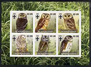 Mauritania 2002 Birds of Prey #7 imperf sheetlet containing 6 values (Owls) each with Scout logo unmounted mint, stamps on birds, stamps on birds of prey, stamps on owls, stamps on scouts