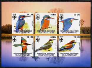 Mauritania 2002 Kingfishers imperf sheetlet containing 6 values each with Scout logo unmounted mint, stamps on birds, stamps on kingfisher, stamps on scouts